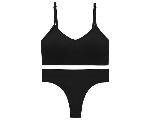 Бесшовный комплект женского белья в текстуре косичка трусы и топ 6608# Черный S