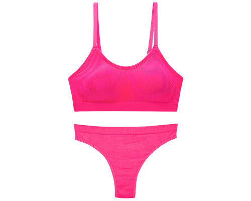 Бесшовный комплект женского белья в рубчик трусы и топ 6618# Розовый электрик L 80 ABC