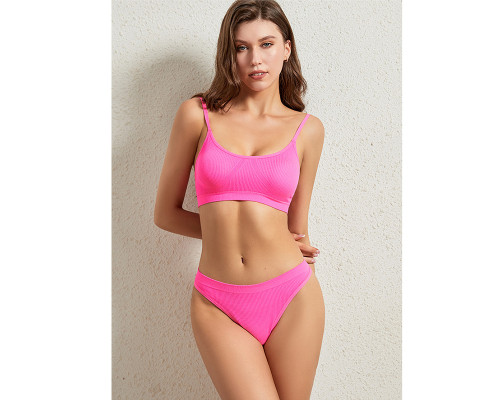 Бесшовный комплект женского белья в рубчик трусы и топ 6618# Розовый электрик L 80 ABC