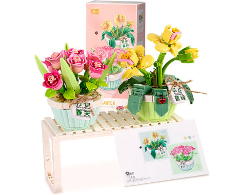 3D конструктор набор строительных блоков LOZ 1673 мини роза тюльпан в горшке 409 деталей пластиковый