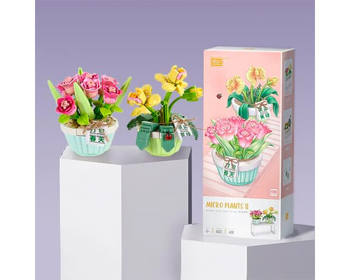 3D конструктор набор строительных блоков LOZ 1673 мини роза тюльпан в горшке 409 деталей пластиковый