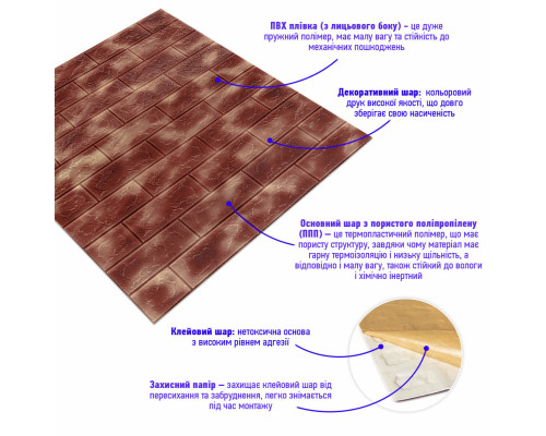 Декоративная 3D панель самоклейка 700x770x5мм Мрамор коричневый с золотом (кирпич) (361) SW-00000637
