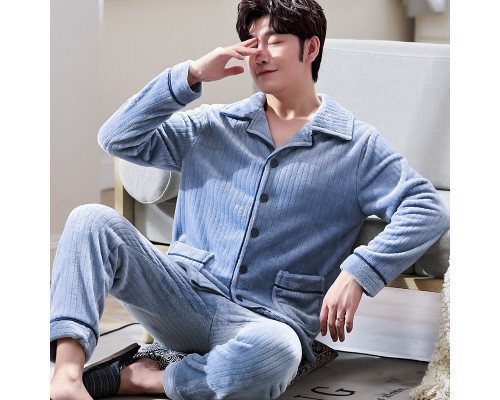 Комплект мужской пижамы CK-215 Light Blue рубашка с длинным рукавом и штанами теплая 3XL