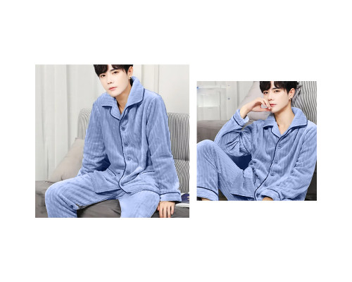 Комплект мужской пижамы CK-215 Light Blue рубашка с длинным рукавом и штанами теплая 3XL