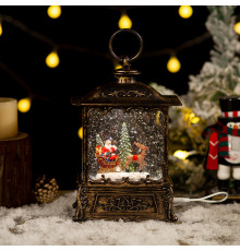 Декоративный фонарь новогодний 365985 рождественское украшение для дома музыкальный USB+Батарейки Дед Мороз с оленем