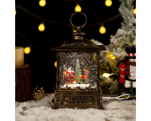 Декоративный фонарь новогодний 365985 рождественское украшение для дома музыкальный USB+Батарейки Дед Мороз с оленем