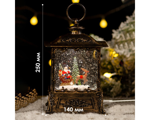 Декоративный фонарь новогодний 365985 рождественское украшение для дома музыкальный USB+Батарейки Дед Мороз с оленем