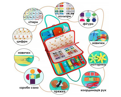 Детская развивающая сумочка 545L бизиборд монтессори-игрушка для малышей розвивающая моторику и сенсорику Light Blue