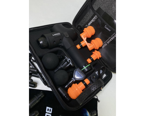 Новинка. Ударный перкуссионный массажер с 30 режимами, 21 насадкой, батареей 2500mAh и кейсом (Черный)